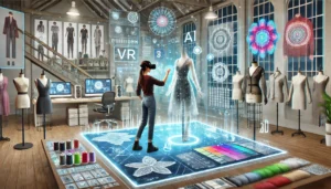  A designer using virtual reality equipment in a high-tech fashion design studio, surrounded by digital displays and AI-generated clothing patterns.