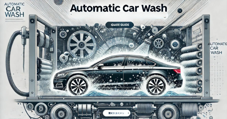 Modern sedan undergoing an automated car wash with detailed mechanical brushes and water spray, illustrating effective vehicle cleaning.