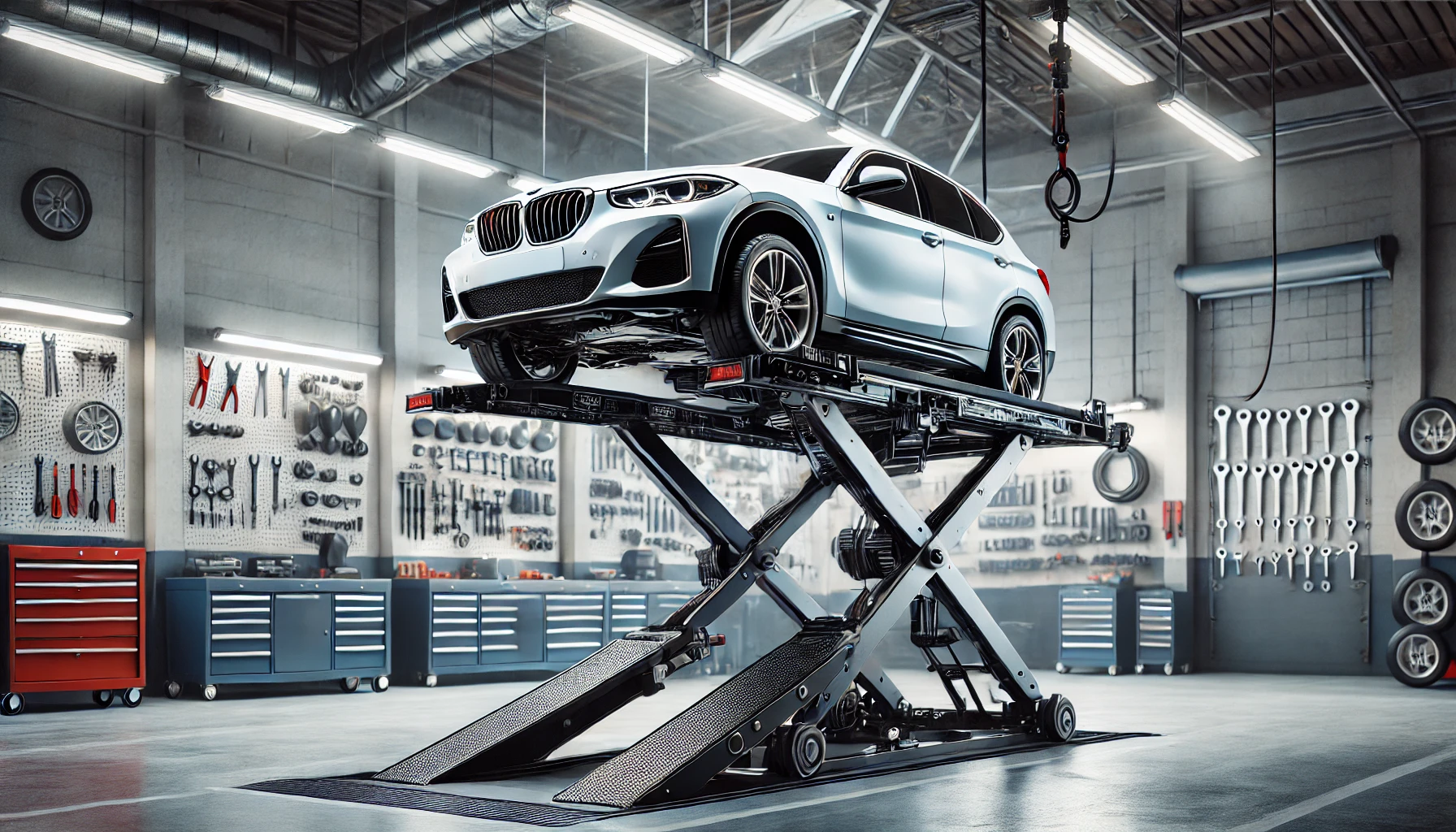 Automotive scissor lift elevating a car in a professional garage with tools and equipment in the background.