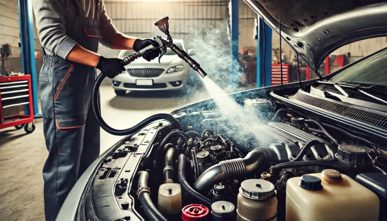 Mechanic using an automotive smoke machine to detect leaks in a car engine inside a professional garage, with visible smoke.