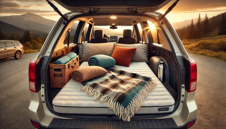 Cozy car mattress setup with pillows and blanket in the back of an open vehicle, surrounded by a scenic mountain landscape at sunset.