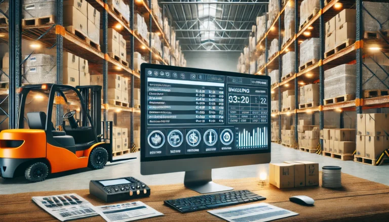 Organized warehouse shelves with inventory and a computer screen displaying billing software in a modern industrial setting.