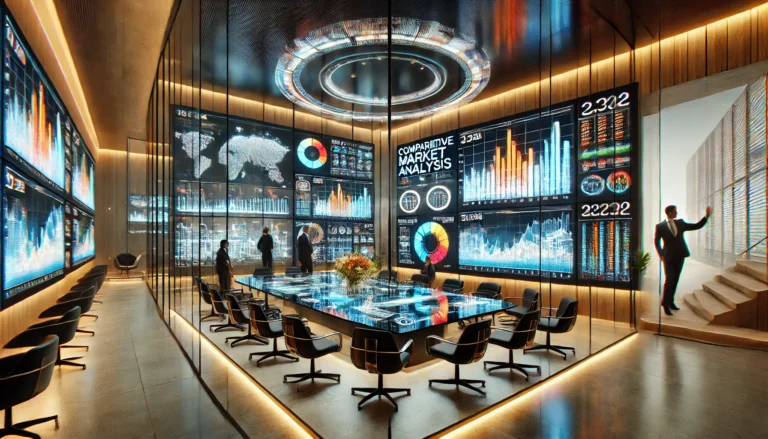 A high-tech real estate conference room with large digital screens displaying colorful charts and heat maps for Comparative Market Analysis reports. Professionals are seated around a sleek glass table, engaging in discussions.