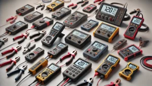 Various types of automotive battery testers, including digital handheld devices and advanced diagnostic tools with clamps and wires, displayed on a clean surface.