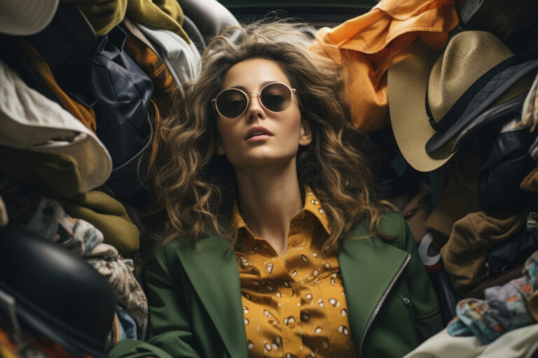 Close-up of a young woman standing in front of a large pile of assorted clothing, expressing concern about textile waste.