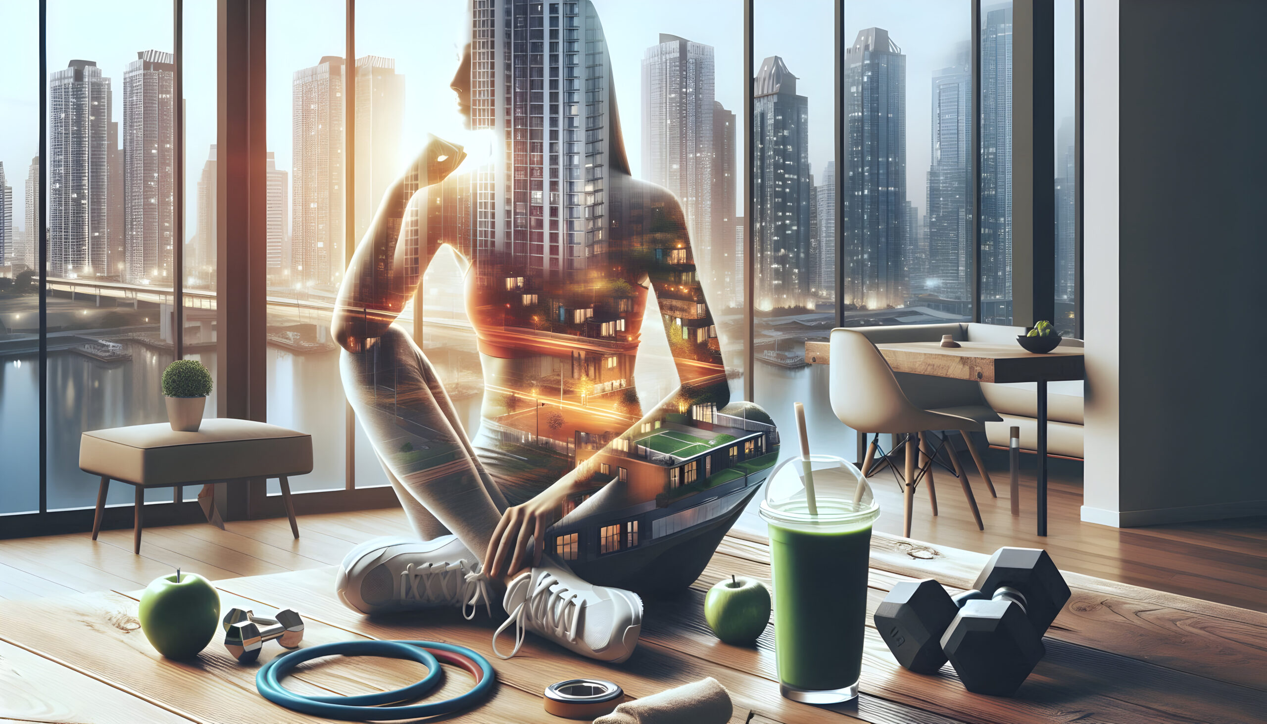 Double exposure of a person in fitness gear holding a smoothie, overlaid with an image of a modern apartment with city views.