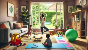 A mother doing yoga in a cozy living room while her toddler plays with toys nearby. The space includes a yoga mat, resistance bands, and a stability ball, with a garden visible through the window.