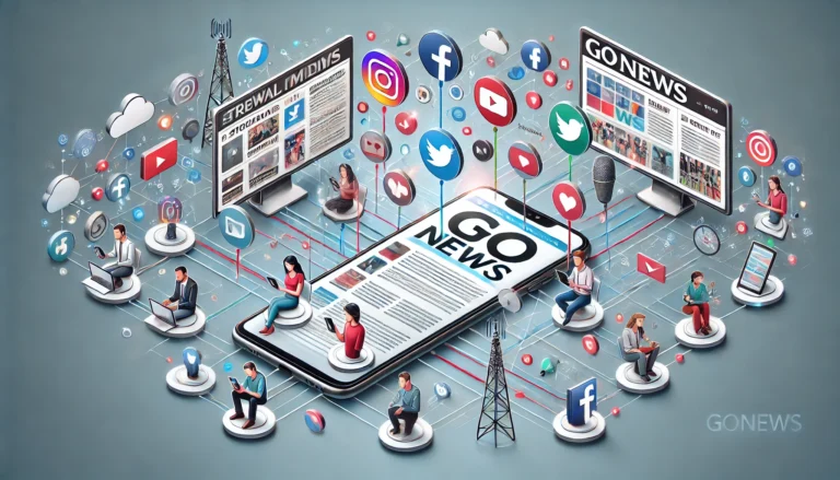 A digital illustration showing influencers on the left with smartphones and laptops, connected to a news platform called "GoNews" on the right. Engagement icons like likes, shares, and comments flow between them, symbolizing social media's influence on modern news distribution.