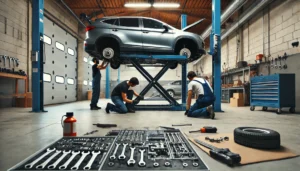 "Technicians installing an automotive scissor lift in a garage with tools and equipment organized in the background."