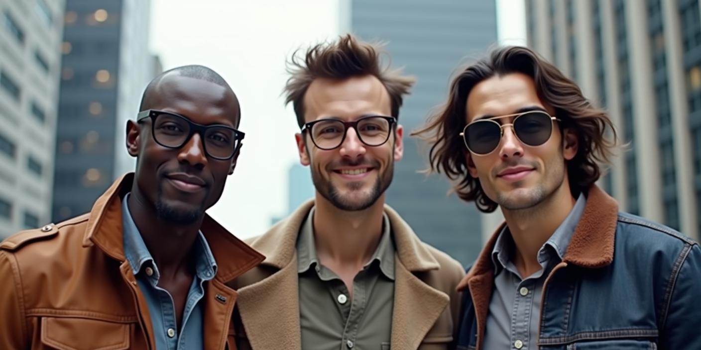 Stylish young men wearing modern eyeglasses, featuring a trendy design in an urban setting.