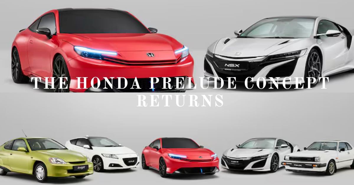 "The Honda Prelude Concept Returns: A modern red sports car next to a white NSX and classic Honda models."