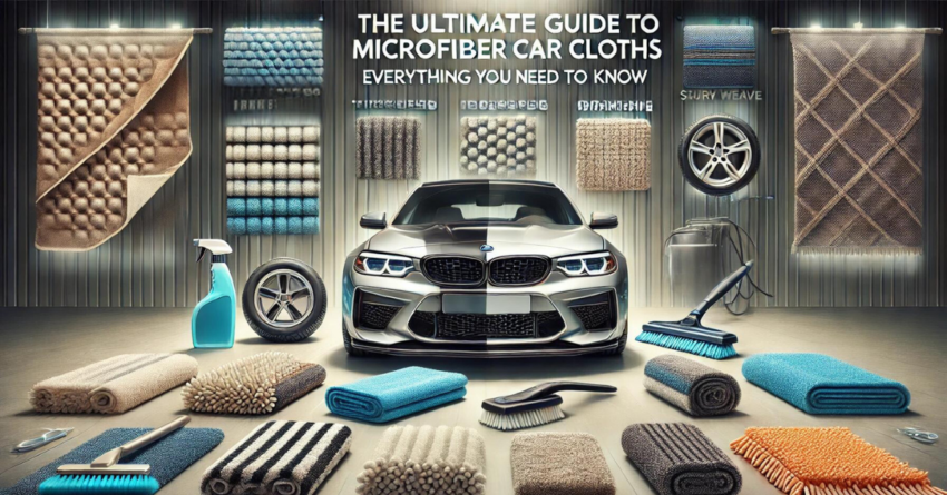 Luxury car with a variety of microfiber car cloths displayed for cleaning, polishing, and detailing, showcasing different textures and patterns