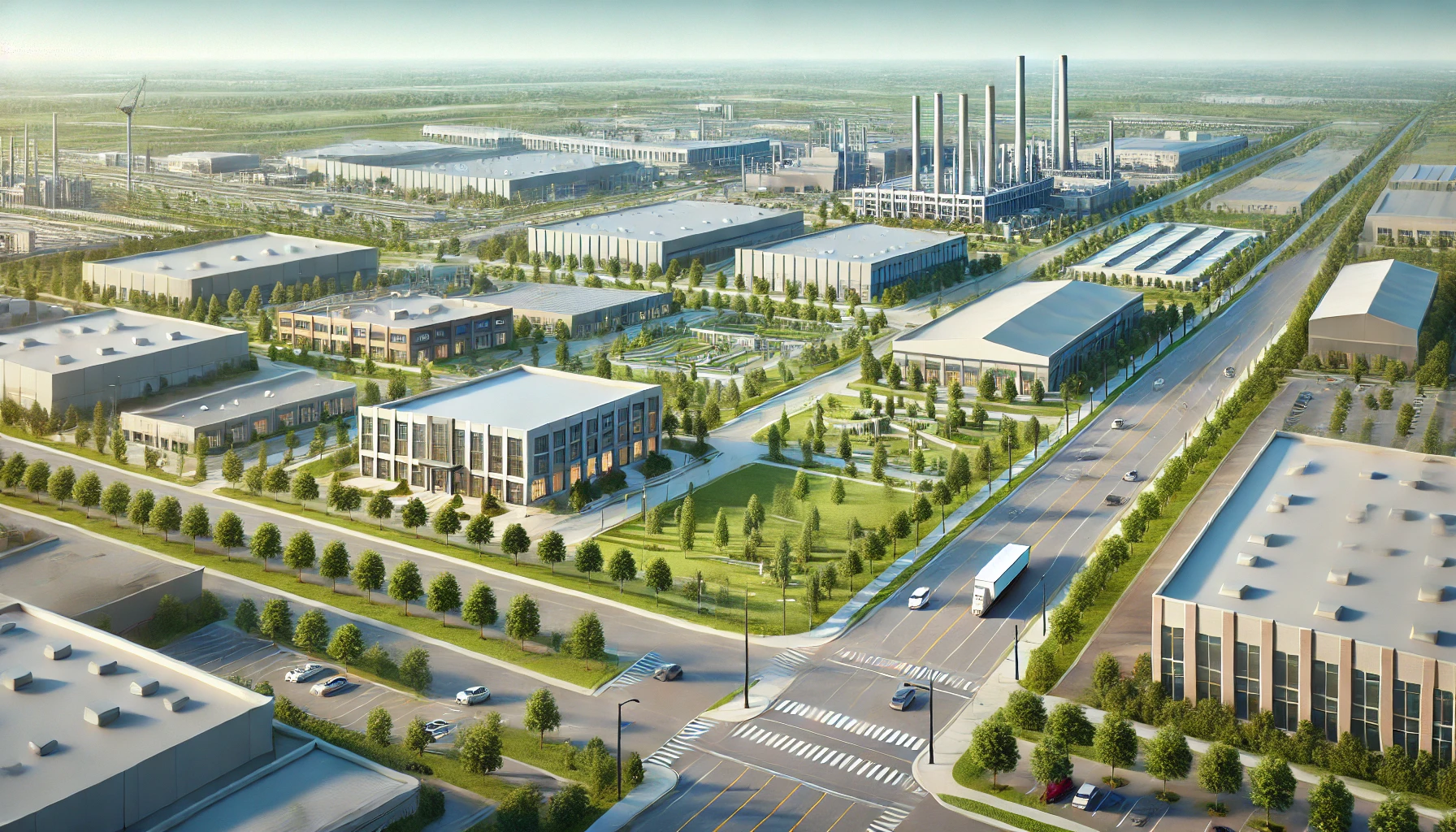 Landscape of the Business/Industrial Transition District in Isanti, MN, featuring modern industrial buildings, green spaces, and clear skies.