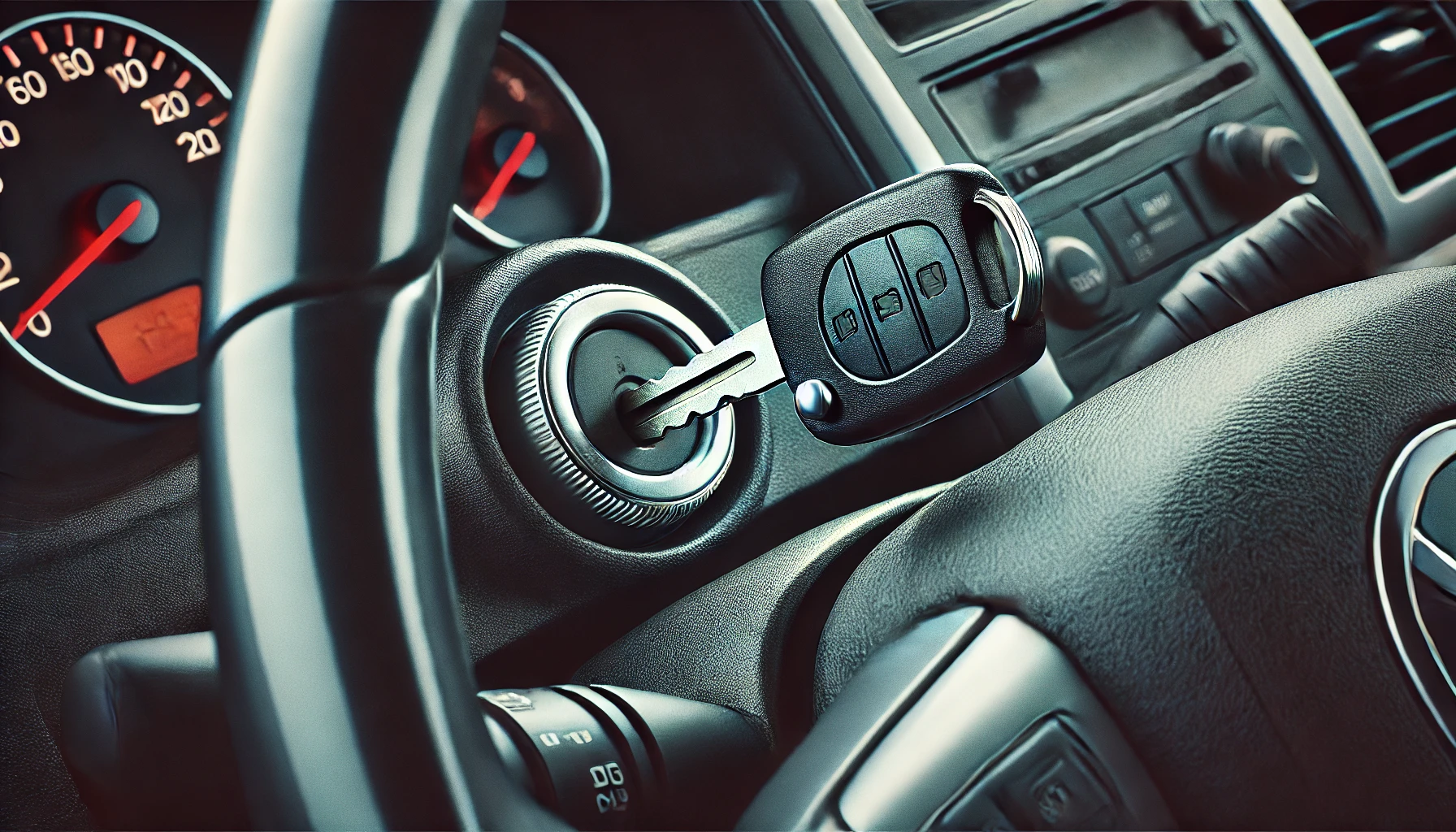 Close-up of a car key stuck in the ignition of a vehicle's interior, showing the key partially turned with surrounding dashboard details.