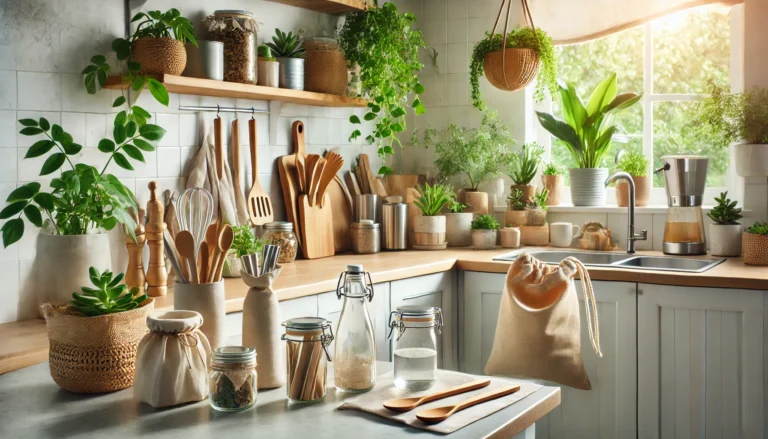 A modern, clean kitchen emphasizing a zero-waste lifestyle with natural lighting, showcasing reusable products such as cloth bags, glass jars, and bamboo utensils, surrounded by green plants and minimalistic decor.