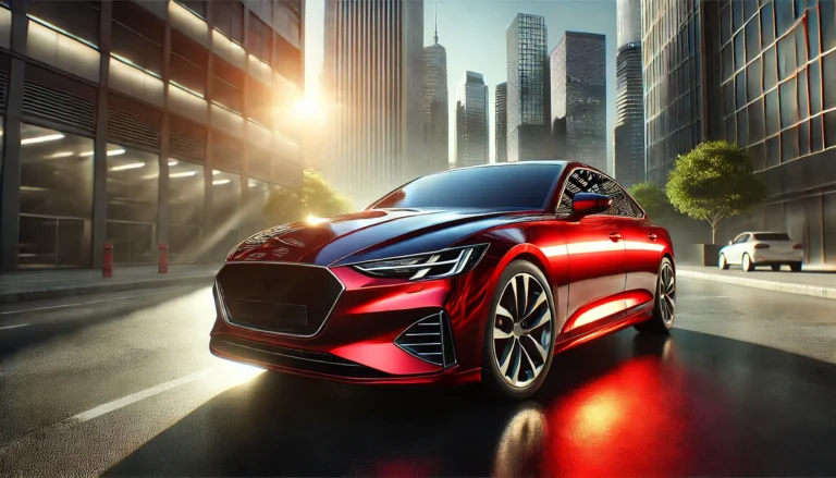 A red modern car with a high-gloss metallic paint finish reflecting light, parked in front of a city skyline.