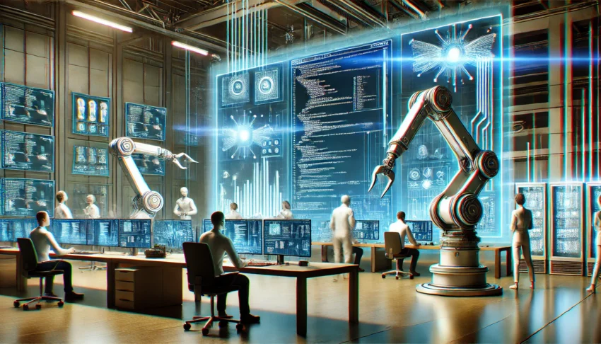 Futuristic office with robotic arms conducting software testing on large digital screens while engineers observe. Holographic data and floating code represent automated processes.