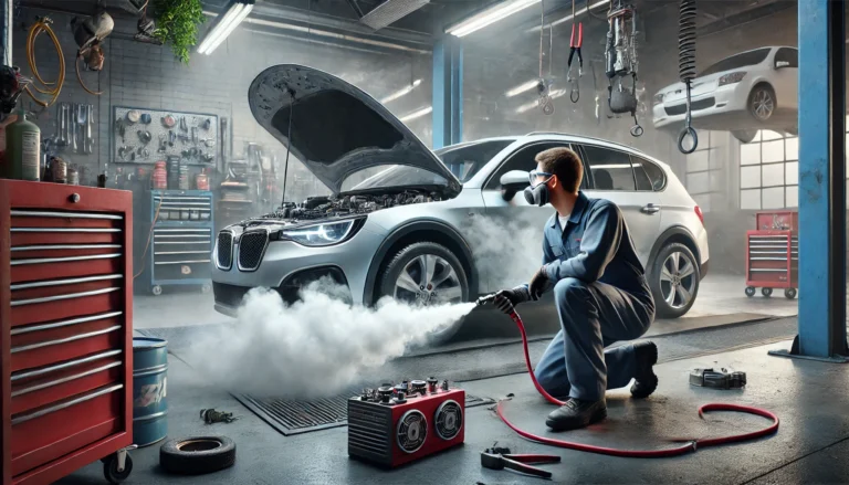 A mechanic diagnosing an EVAP leak in a car using a smoke machine inside a professional auto repair shop.