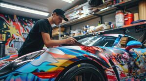 Man using a microfiber cloth to polish a custom-wrapped sports car in a garage with colorful artwork.