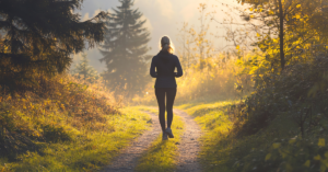 Person practicing walking meditation in a quiet, natural setting.