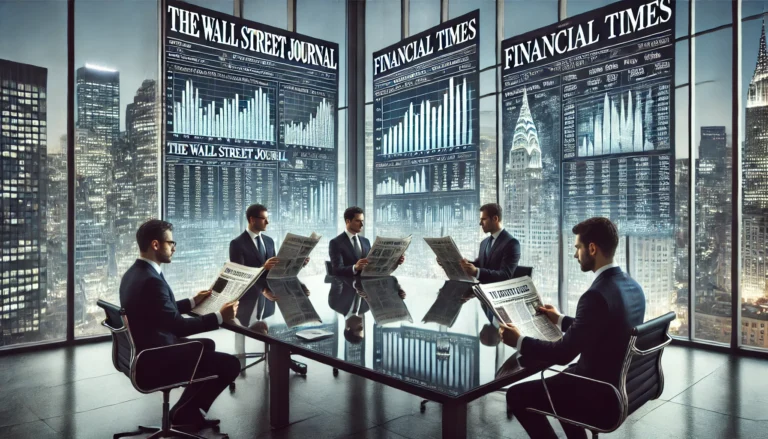 Business professionals in a modern office reading The Wall Street Journal and Financial Times, with a city skyline visible through large windows and financial data displayed on digital screens.