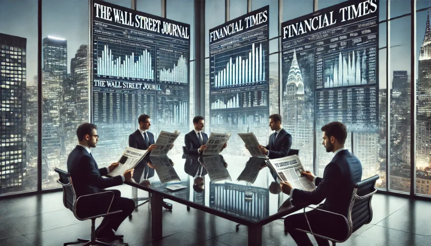 Business professionals in a modern office reading The Wall Street Journal and Financial Times, with a city skyline visible through large windows and financial data displayed on digital screens.