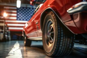 American Flag and Red Car in Garage