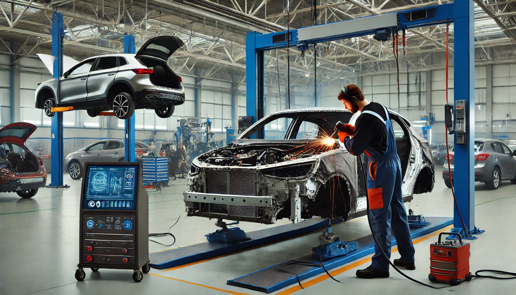 Skilled automotive collision technology technician repairing a damaged car in a modern workshop equipped with advanced tools and technology.