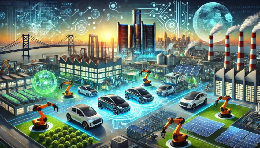 Futuristic Detroit cityscape showcasing electric and autonomous vehicles, smart factories, and sustainable automotive technologies.