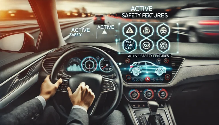 Driver using advanced safety features in a modern car with lane departure and speed warning systems.