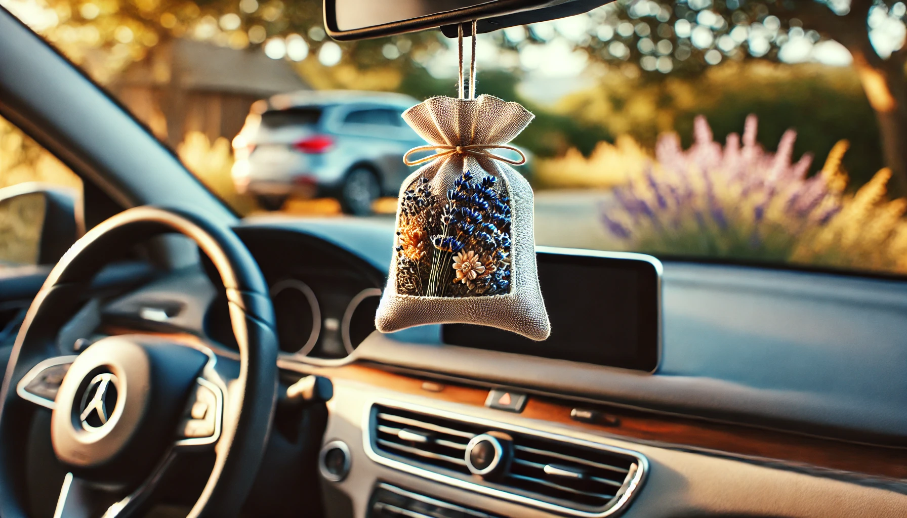 DIY sachet air freshener with dried lavender in car