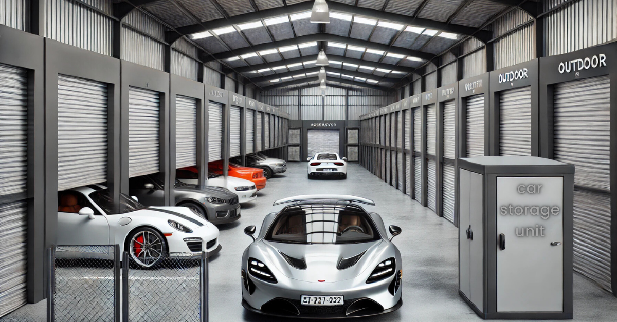 Modern car storage facility with indoor, outdoor, and covered storage units, featuring secure access and well-lit spaces.