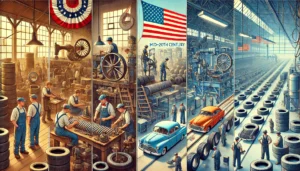 Image depicting the history of tire manufacturing in America, showing factories from different eras, workers, machinery, and modern production lines.