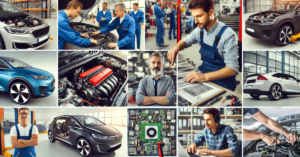 Automotive professionals in diverse roles, from mechanics to engineers, working in a modern automotive workshop and design studio.