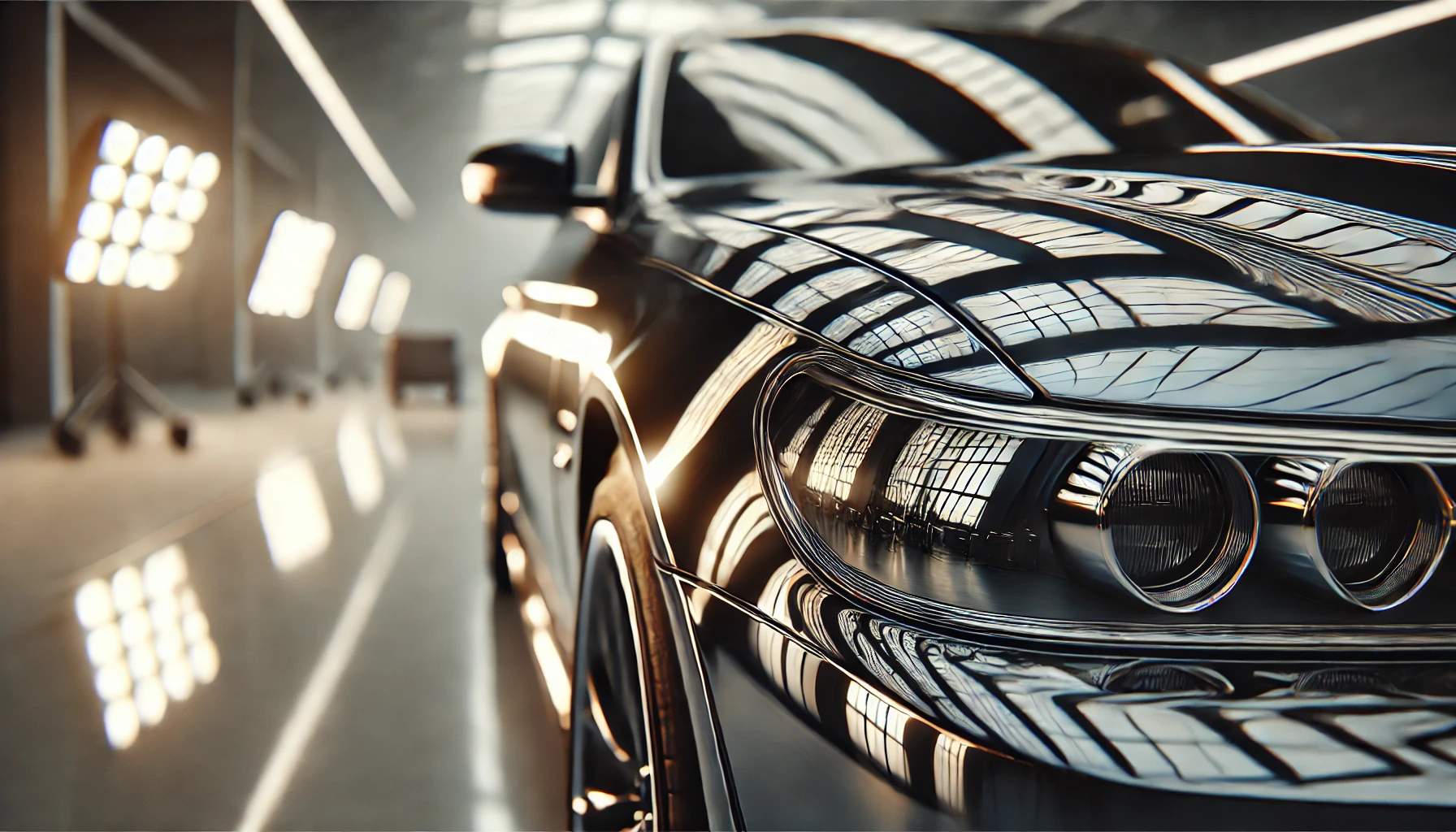 Close-up of a car with a gloss wrap finish, displaying a reflective, shiny surface with light reflections.