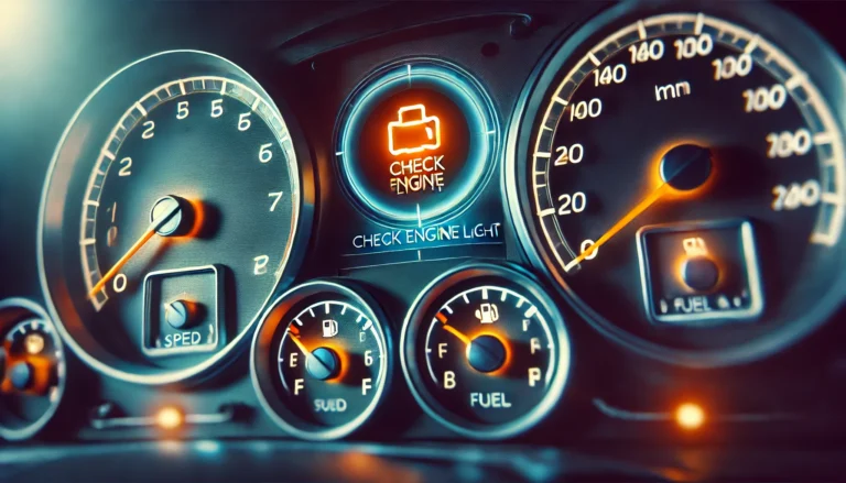 ar dashboard with an illuminated check engine light among other gauges, indicating a potential engine issue.