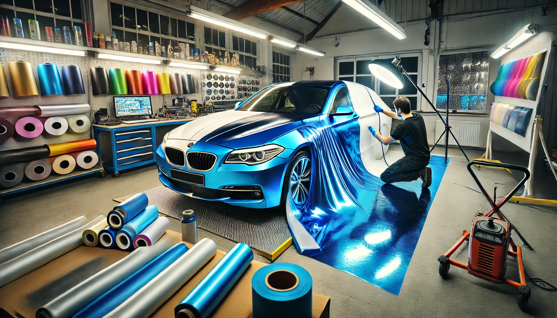 Car undergoing color change vinyl wrap in a garage, with half the vehicle wrapped in blue and the other half in its original color. 