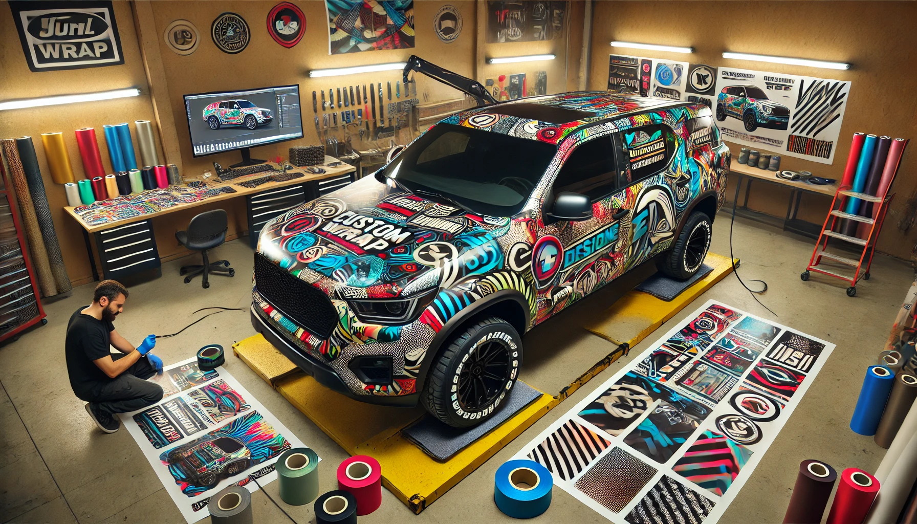 A vehicle in a workshop receiving a custom vinyl wrap with colorful logos, geometric patterns, and business branding.