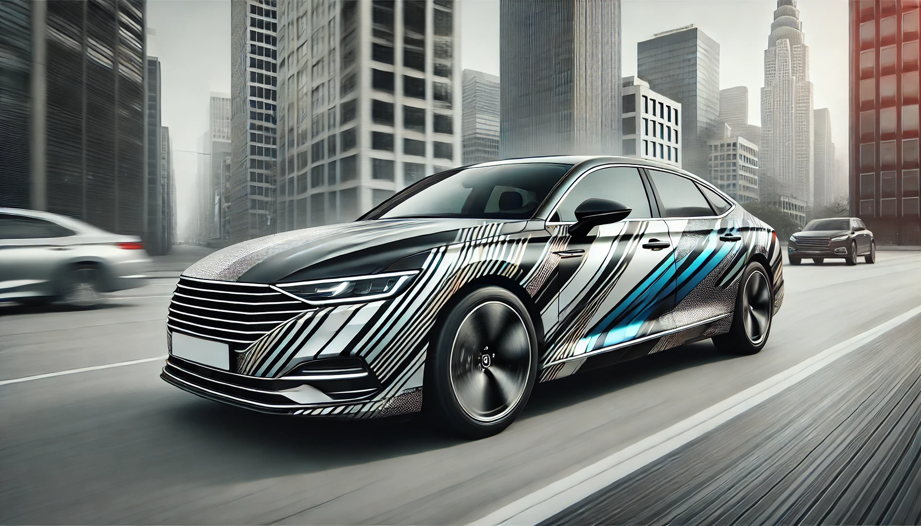 Sleek car with partial wrap design showcasing bold modern patterns in urban environment