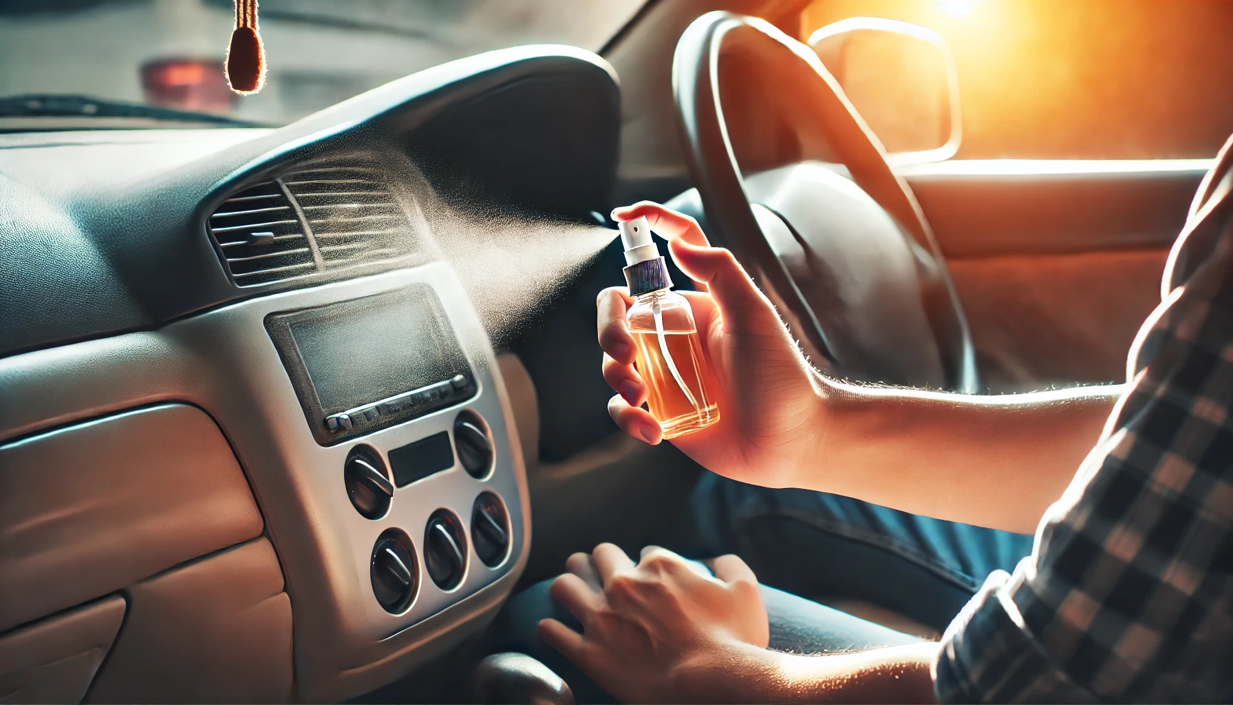 Homemade spray air freshener being used in a car