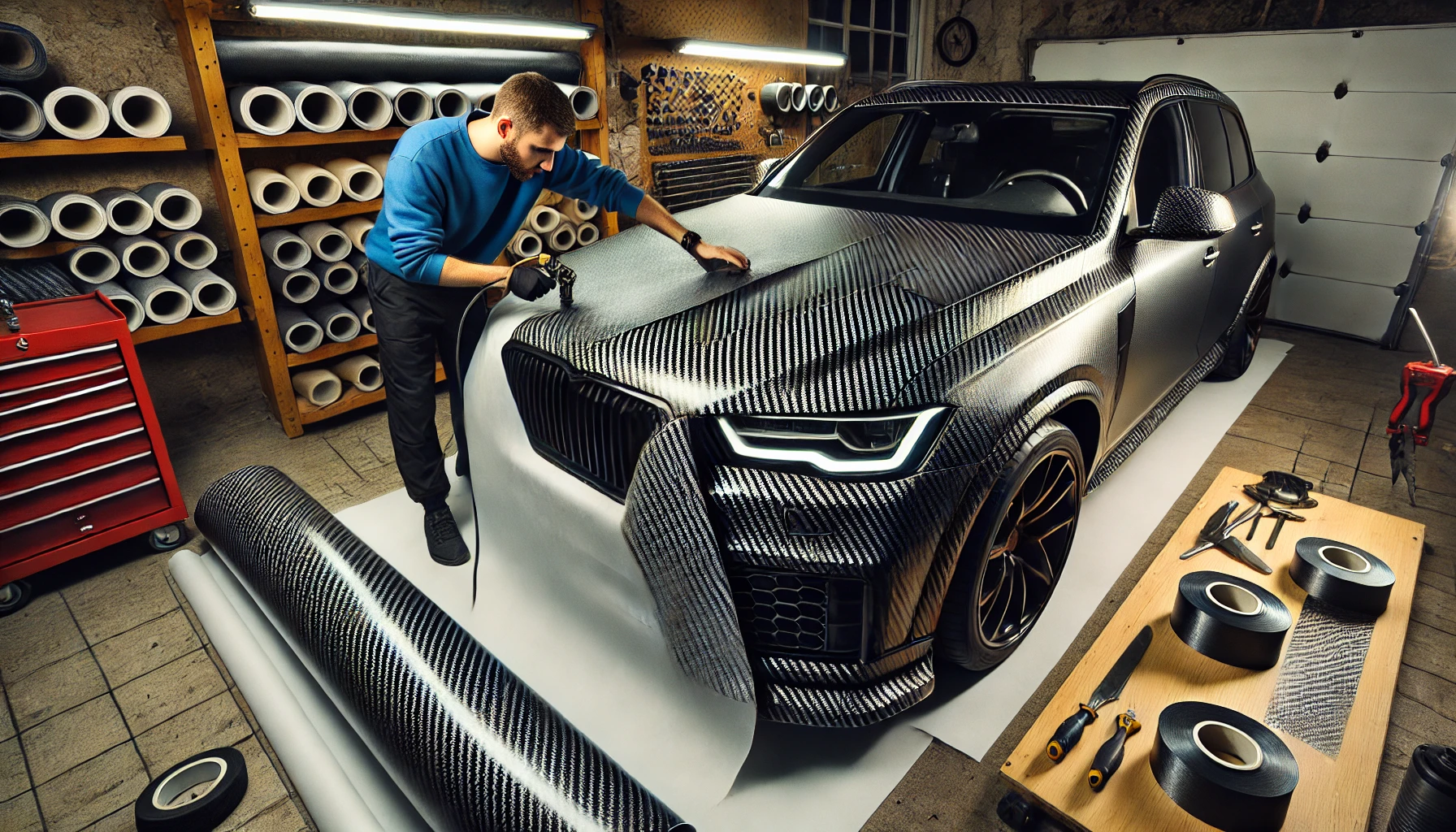 A car in a garage being wrapped with a carbon fiber textured vinyl wrap, with half the vehicle wrapped and half uncovered. 