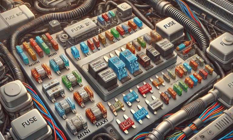 Detailed illustration of an automotive fuse box, showcasing various types of fuses (MINI, MAXI, blade-type fuses) with labeled components, relays, and wiring harnesses inside a car's engine compartment.